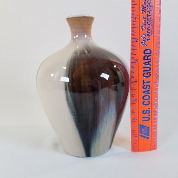 Chinese Transmutation Porcelain Vase 7″ Blue Beige Brown Flambé Style Drip Glaze - Picture 3 of 13